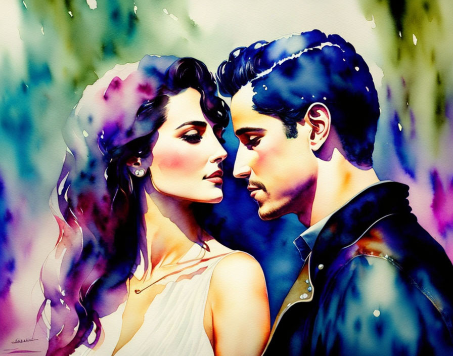 Colorful Watercolor Painting of Man and Woman Gazing at Each Other