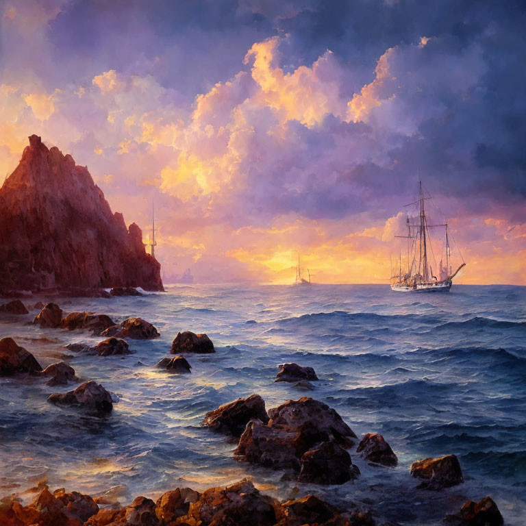 Seascape sunset painting with ships near rocky coast and dramatic sky