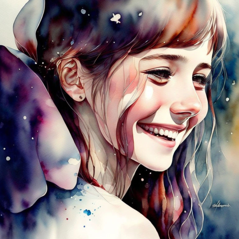 Smiling girl watercolor painting with cosmic and floral motifs