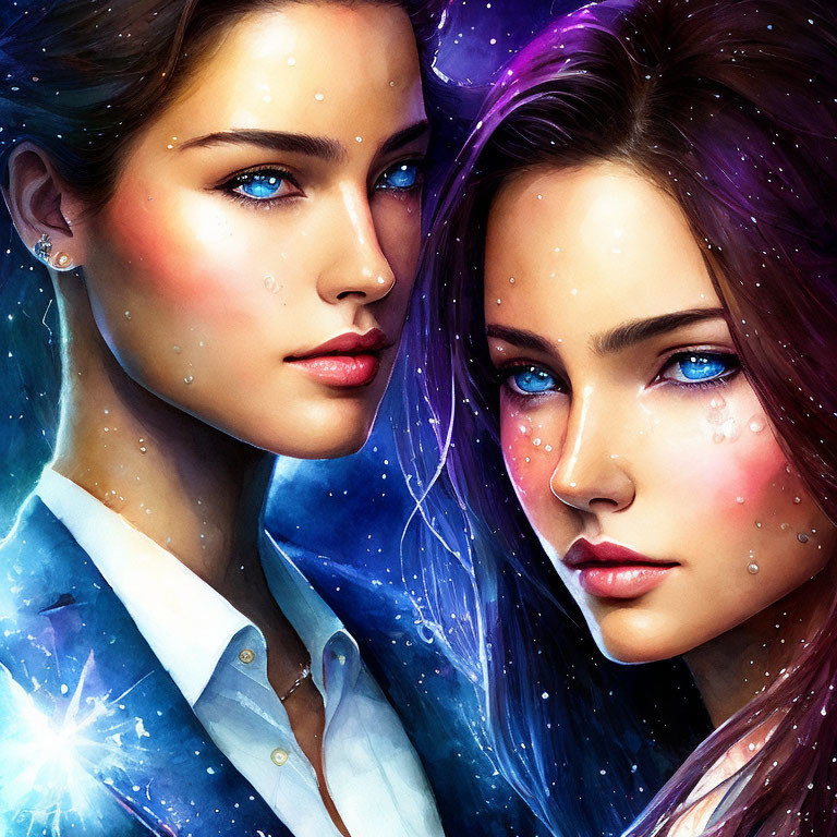 Two vibrant cosmic-themed portrait paintings of a woman with blue eyes on starry and deep space backgrounds