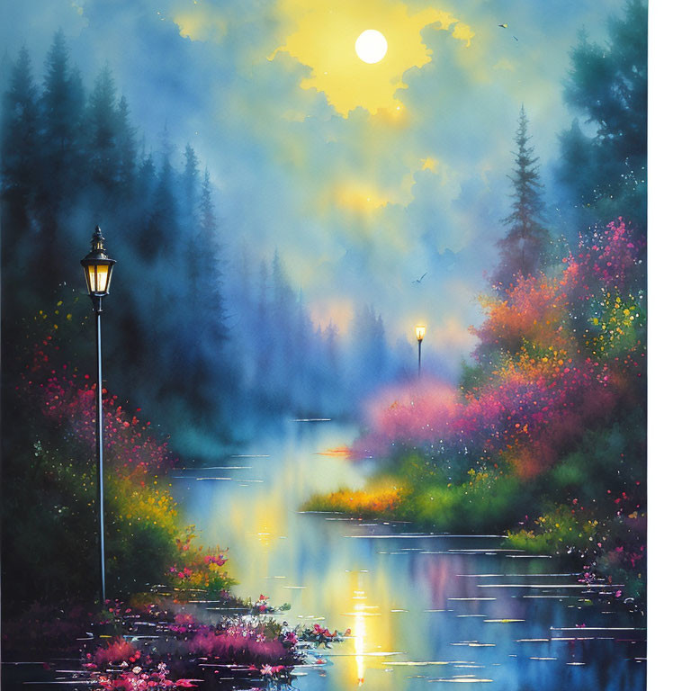 Moonlit river landscape with vibrant flowers and misty forest