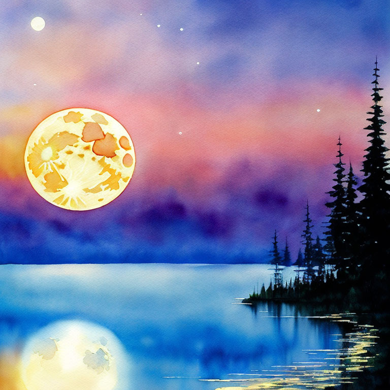 Scenic watercolor: full moon, serene lake, pine trees, colorful dusk sky