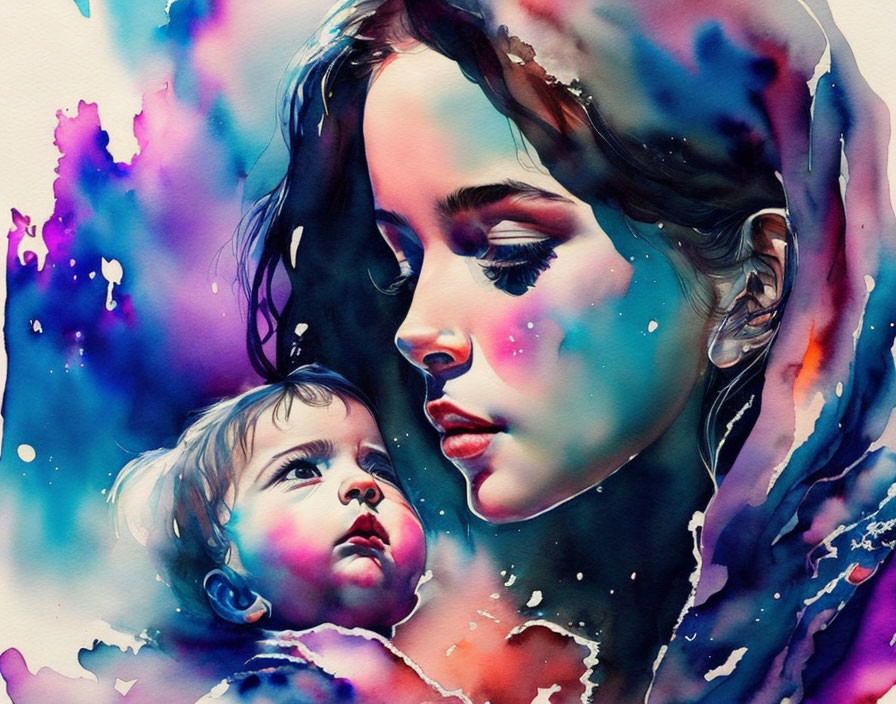 Vivid Watercolor Painting of Woman and Child in Blue and Pink Hues