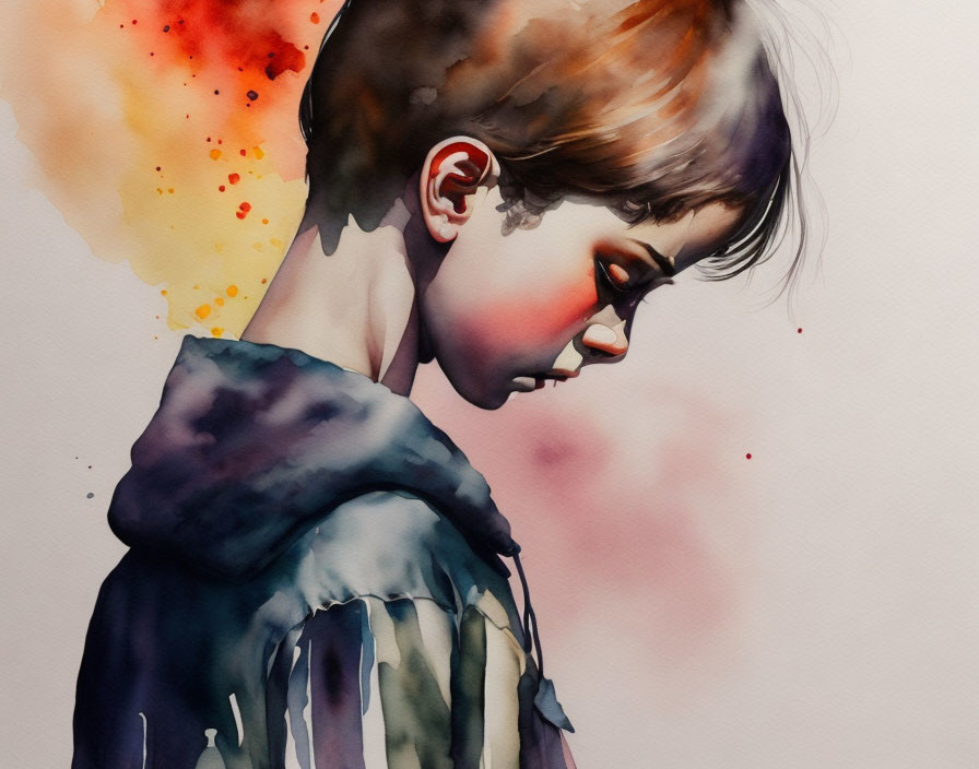 Young boy in side profile with vibrant watercolor background