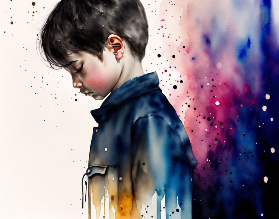 Vibrant watercolor profile of young boy in blue shirt