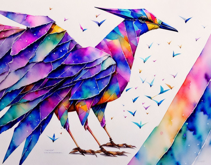 Colorful Watercolor Painting of Geometric Bird with Abstract Elements