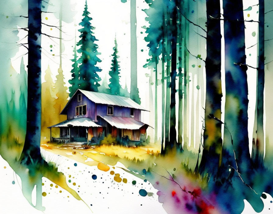 Colorful Watercolor Painting: Secluded Purple Cabin in Forest