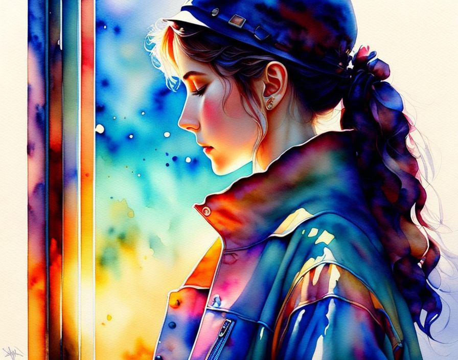 Vibrant watercolor portrait of a contemplative young woman with braid in yellow and blue hues