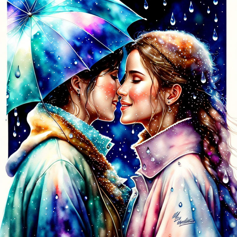 Two women under colorful umbrella in raindrops scene