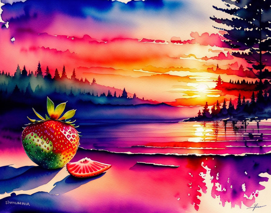 Colorful lakeside sunset watercolor with trees, fruits, and reflections