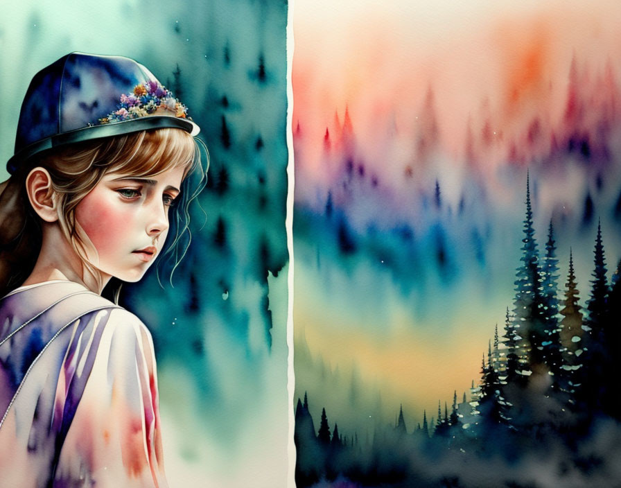 Illustration of girl in floral cap with dreamy forest background