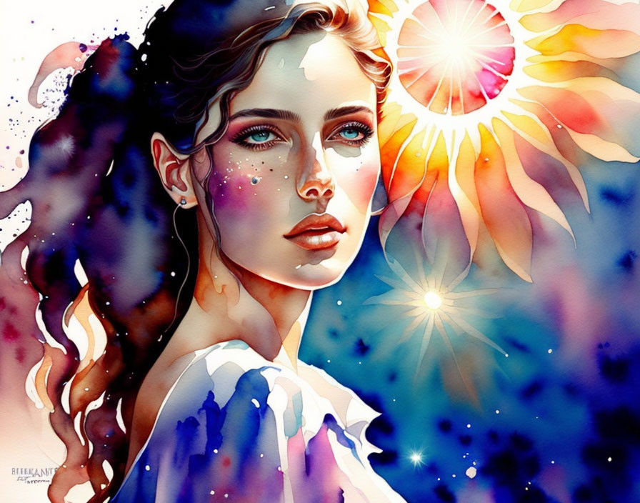 Woman with Cosmic Sun and Stars Watercolor Illustration