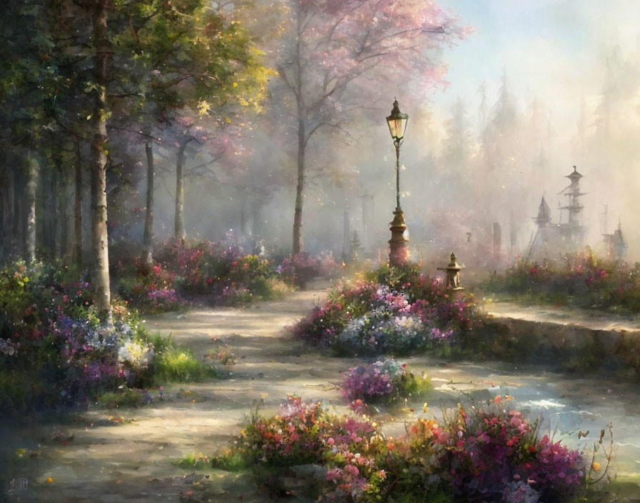 Tranquil park path with blossoming trees and street lamps, misty atmosphere, distant ship.