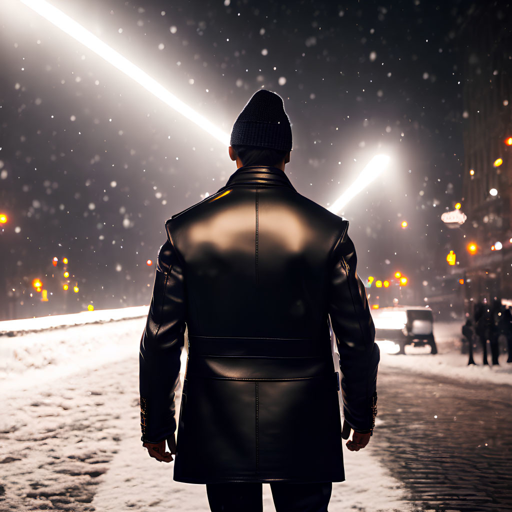 Person in Leather Jacket and Beanie on Snowy Night Street