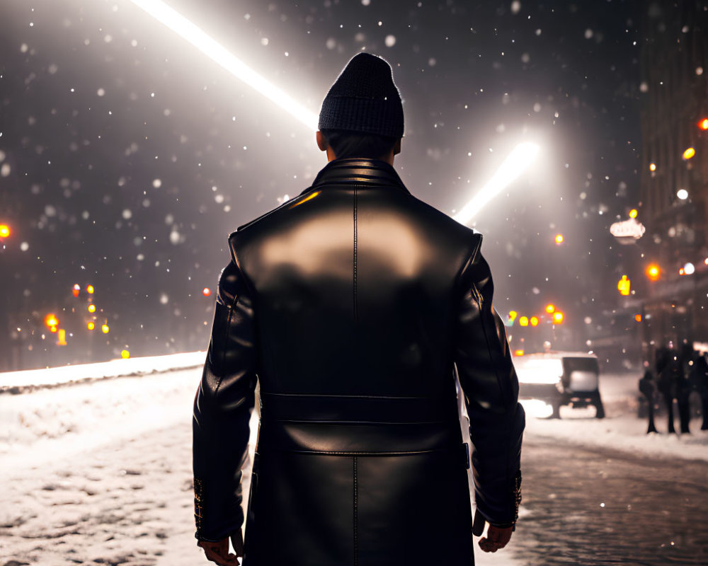 Person in Leather Jacket and Beanie on Snowy Night Street