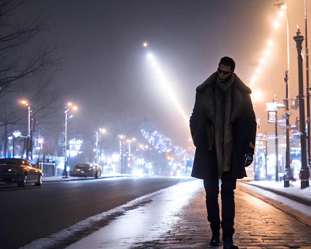 Confident man strolling on foggy illuminated night street