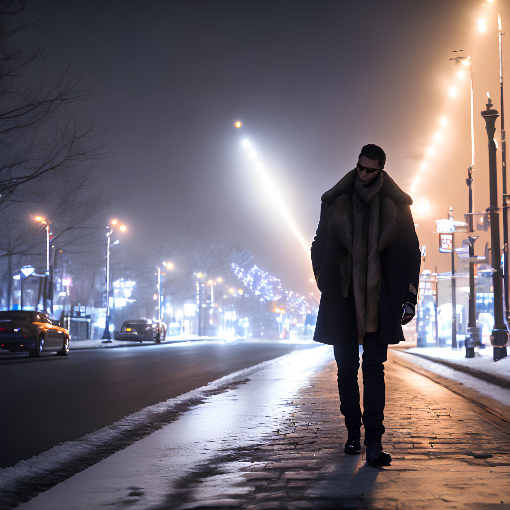 Confident man strolling on foggy illuminated night street