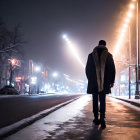 Confident man strolling on foggy illuminated night street