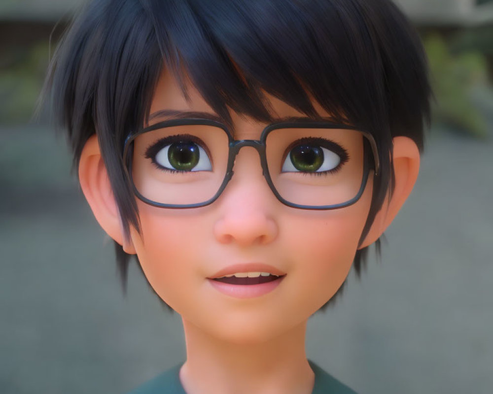 3D animated character with short black hair and large glasses smiling