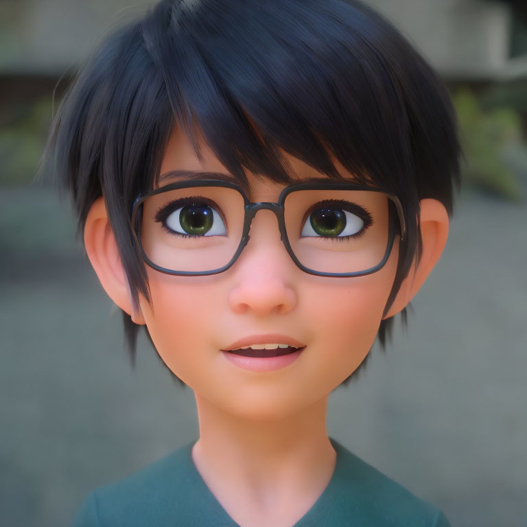 3D animated character with short black hair and large glasses smiling