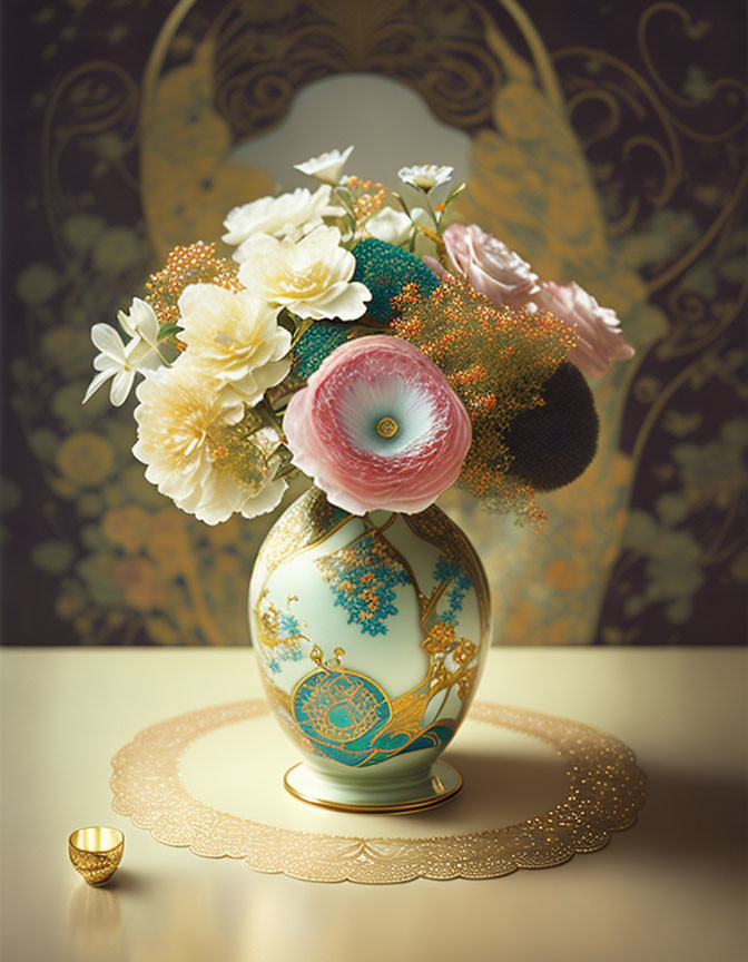 Floral patterned vase with bouquet, ring, and backdrop