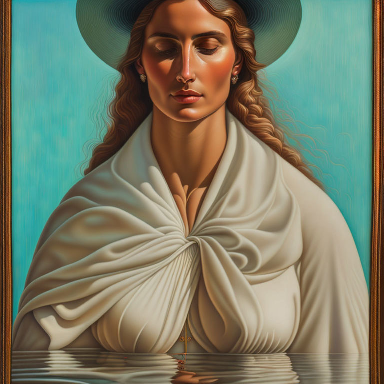 Serene woman in wide-brimmed hat by tranquil water