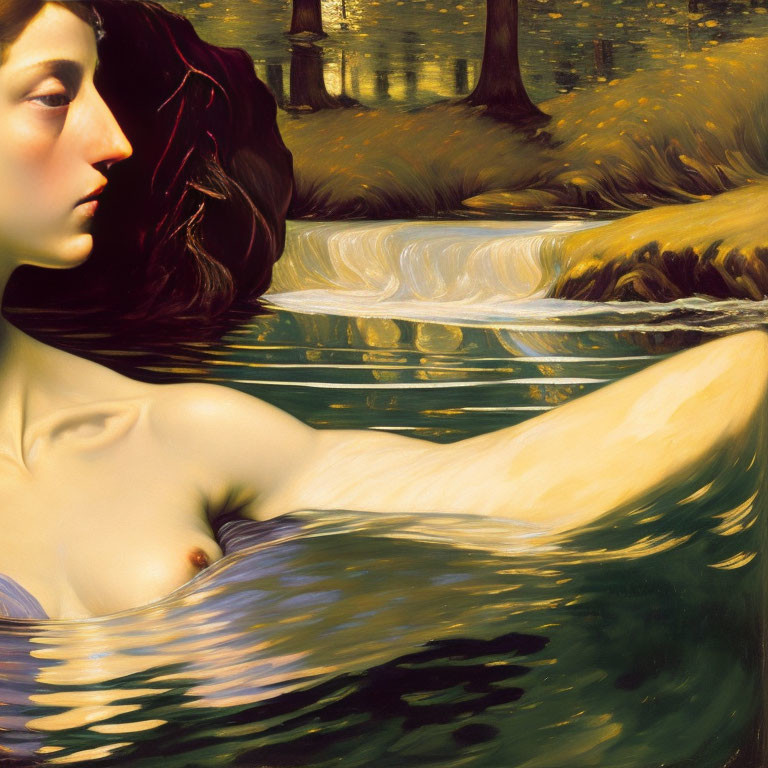 Portrait of Woman with Dark Hair in Water, Surrounded by Sunlit Trees