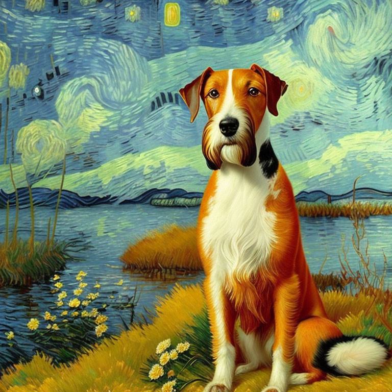 Dog in front of vibrant backdrop resembling Van Gogh's Starry Night