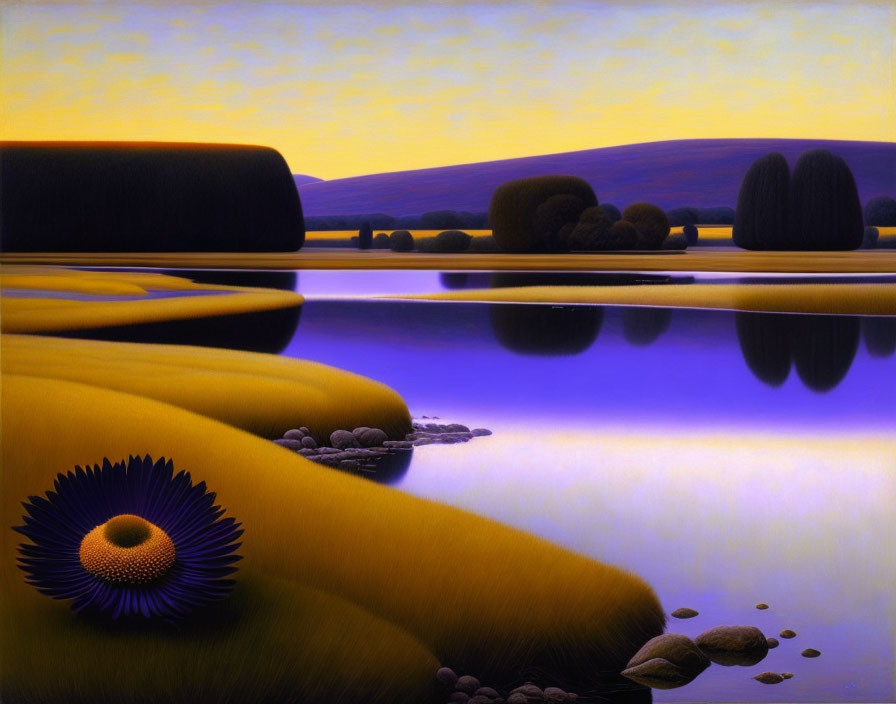 Surreal landscape with purple lake, yellow field, large flower, and round trees under twilight sky