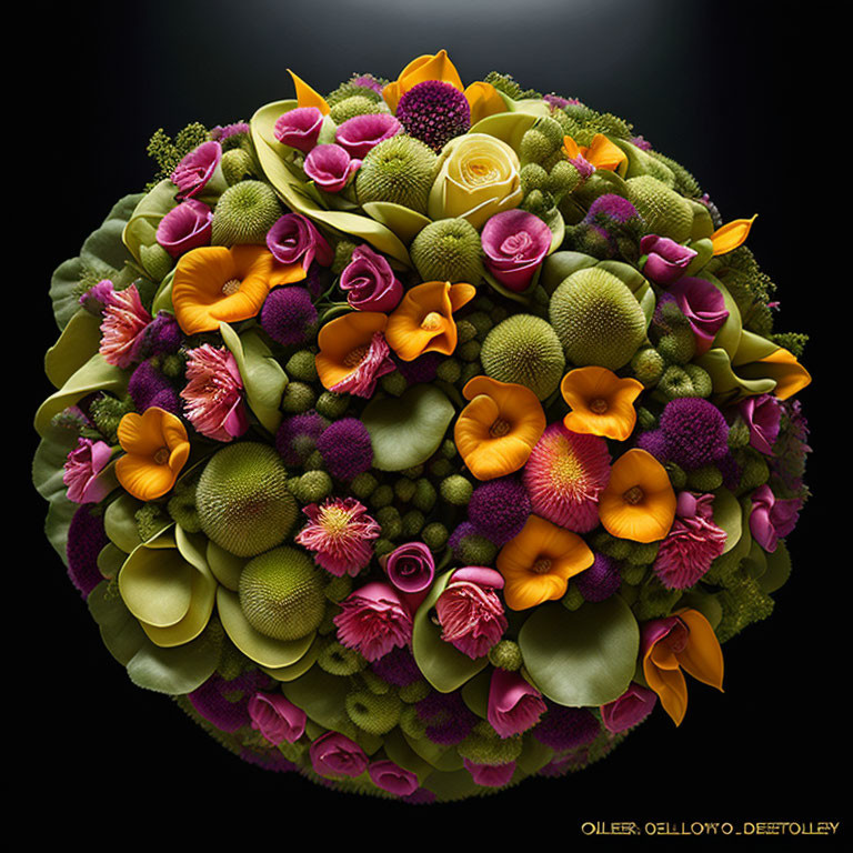 Colorful spherical bouquet of assorted flowers and plants on dark background