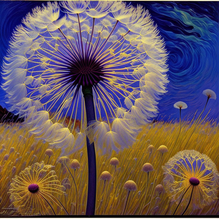 Colorful painting of glowing oversized dandelion seeds on dark blue night sky