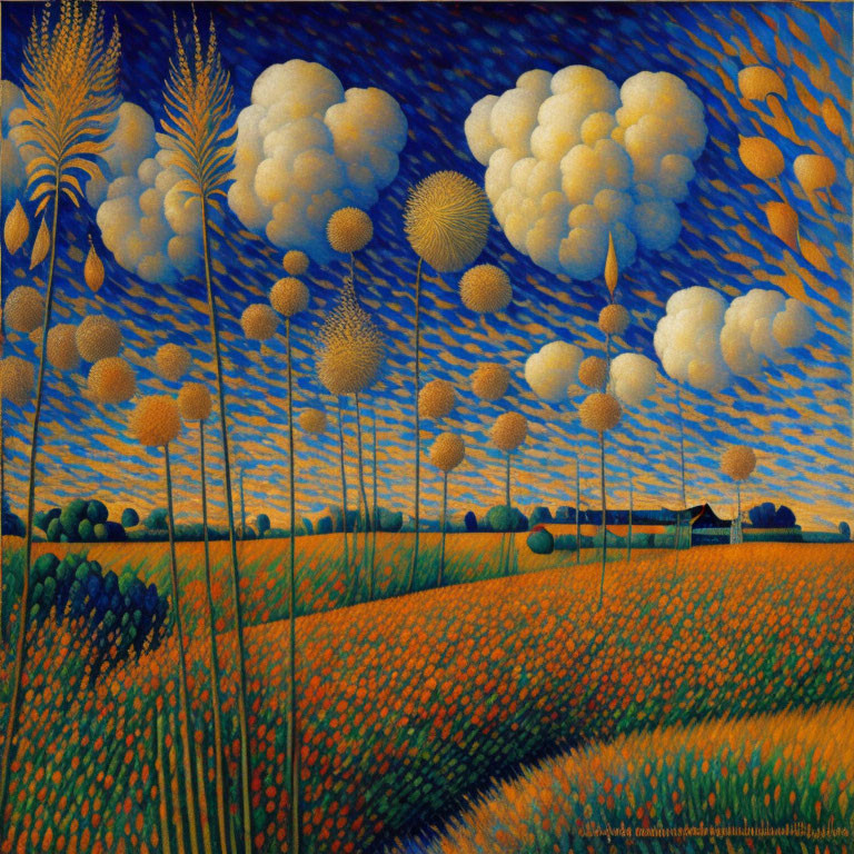 Colorful rural landscape with wheat fields, grass, clouds, house, and sun/moons.