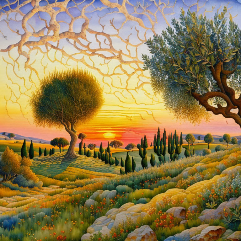 Surreal landscape painting with vibrant trees and colorful fields