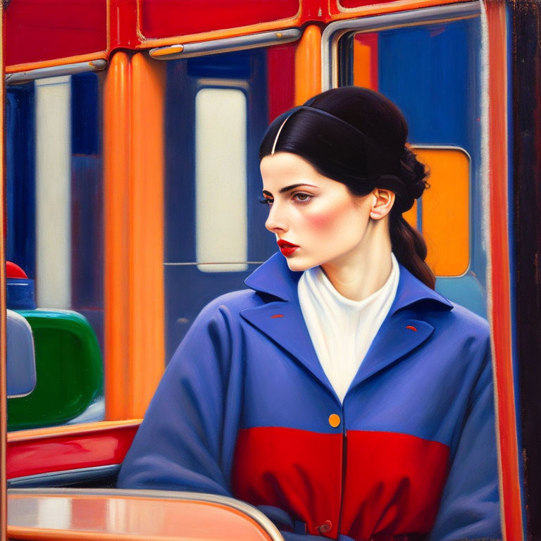 Woman in blue and red coat by colorful window, thoughtful gaze.