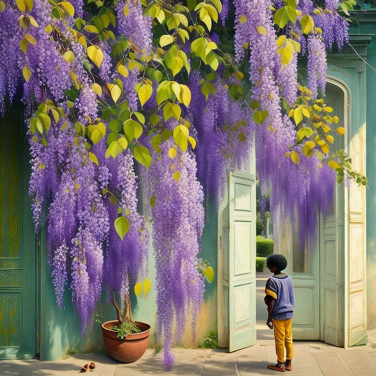 Child admiring wisteria blooms at ornate building facade.