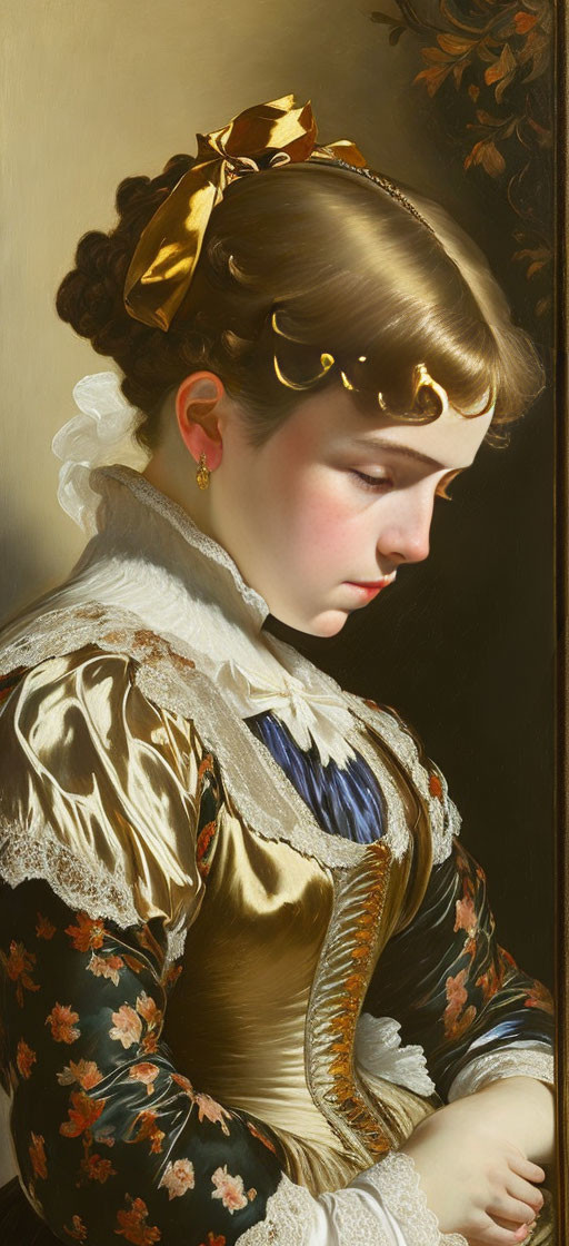 Detailed portrait of woman in vintage attire with gold ribbon, intricate earrings, embroidered dress.