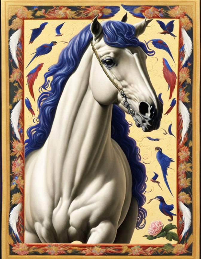 Majestic white unicorn illustration in golden frame with blue mane