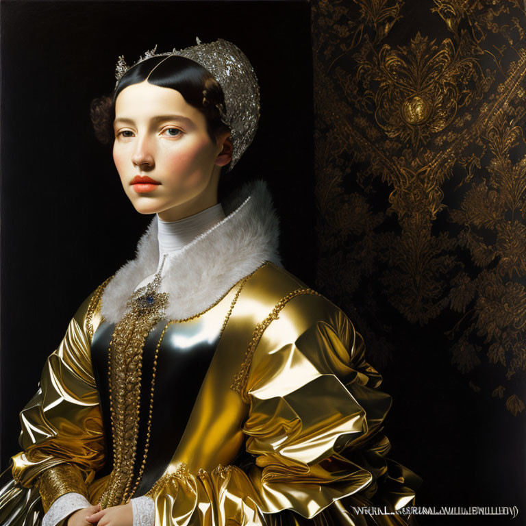 Historical woman portrait with pearl hairnet and gold satin dress