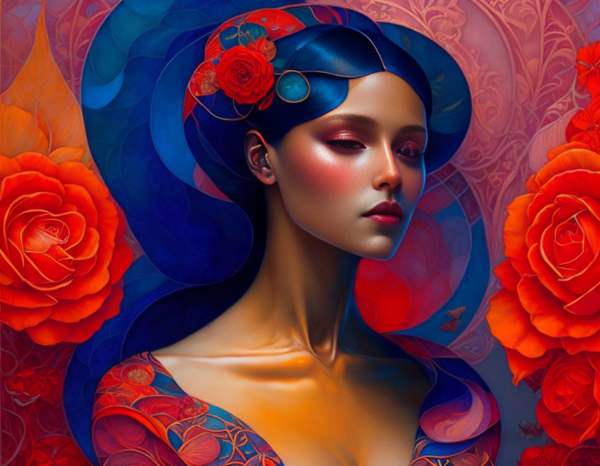 Vibrant digital artwork: Woman with blue headwear, roses backdrop, red and blue makeup