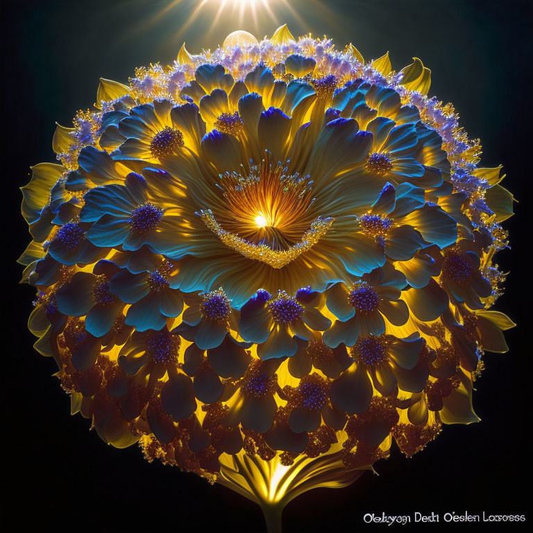 Radiant blue and golden flower petals on dark background