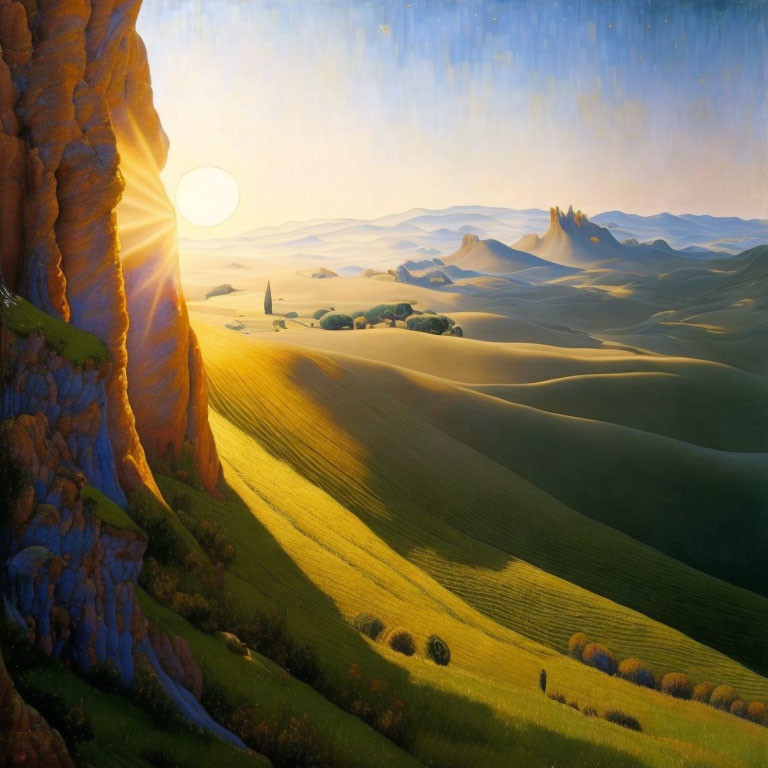 Scenic landscape: golden fields, lone tree, hills, and rock formations at sunrise or sunset