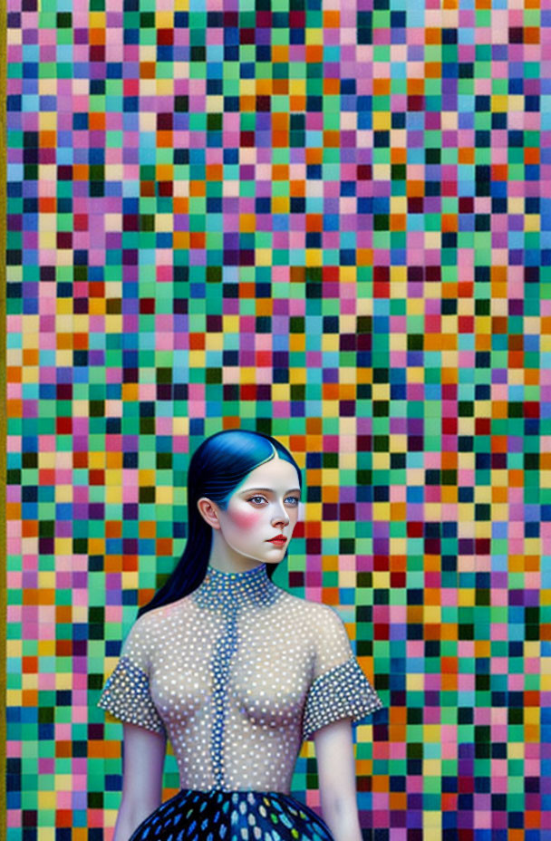 Blue-haired woman in front of vibrant pixelated mosaic background