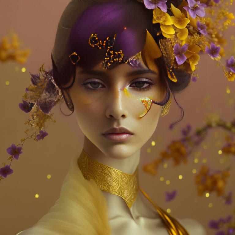 Artistic makeup with golden hues and floral accents on a woman against a regal background.