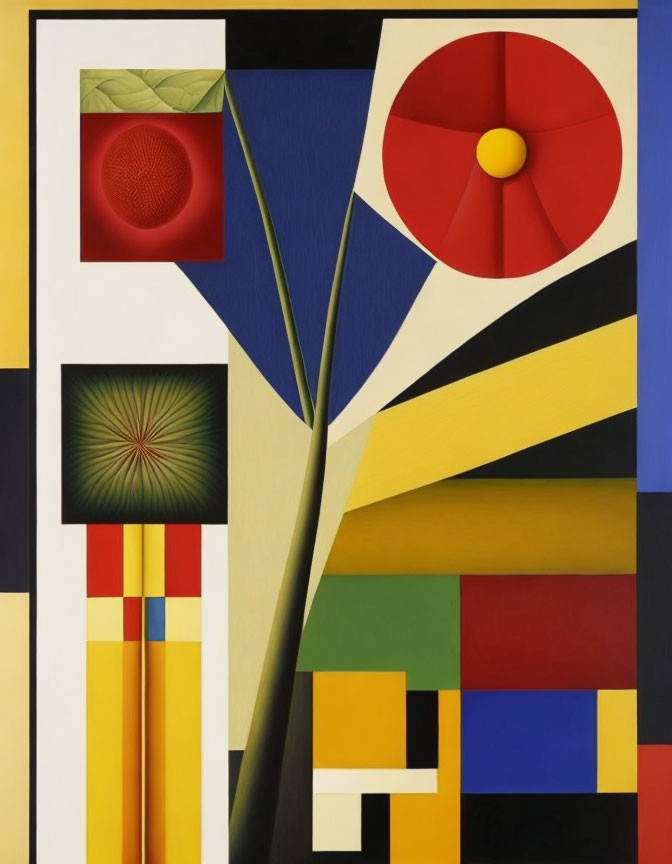 Geometric composition with primary colors and circular patterns