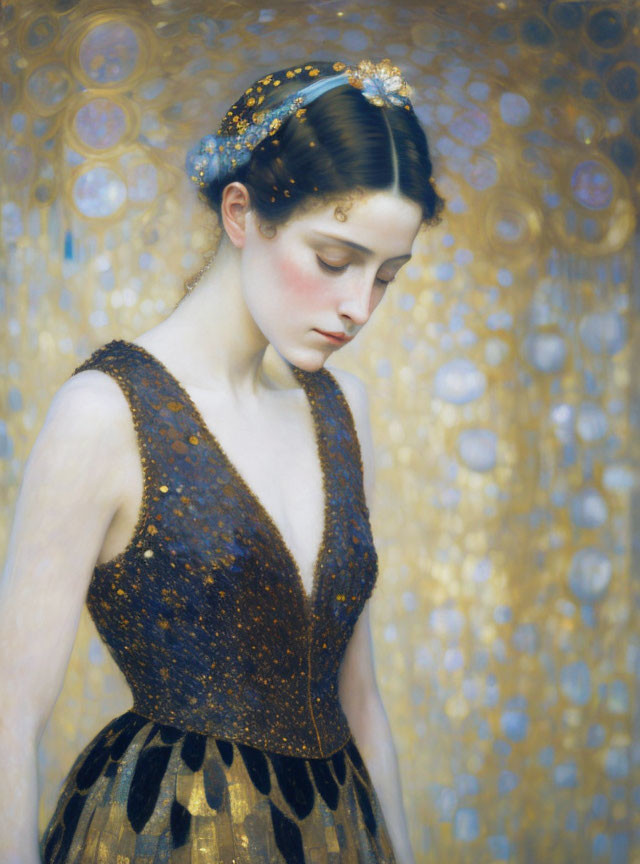 Woman in Golden Dress with Thoughtful Expression on Blue Ornate Background