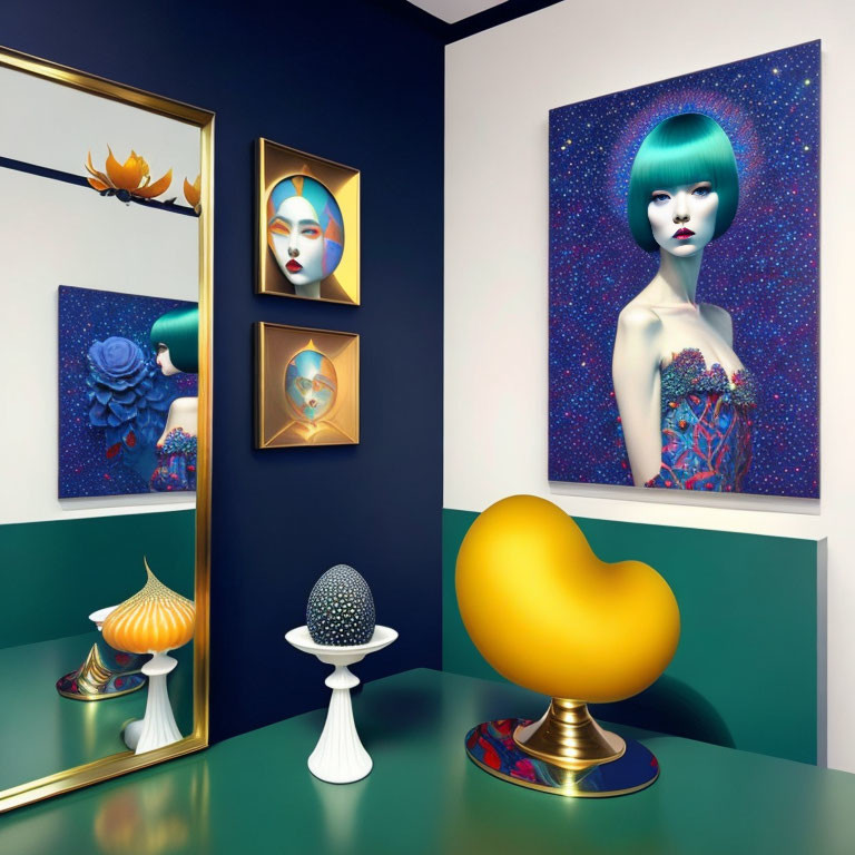 Vibrant portrait paintings, eclectic sculptures, yellow chair in modern art gallery