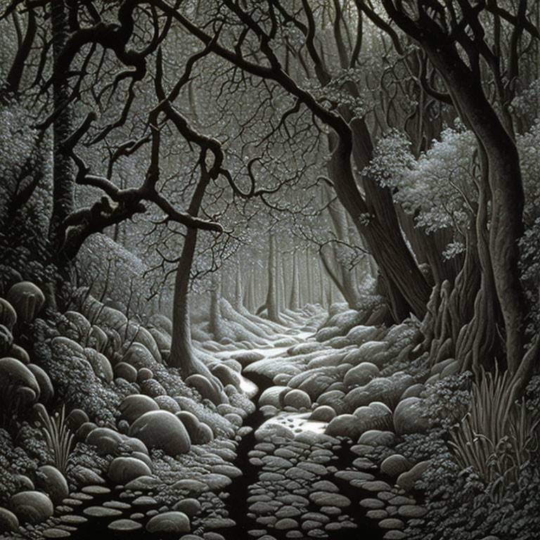 Monochrome forest scene with dense trees, twisted branches, pebble-strewn path