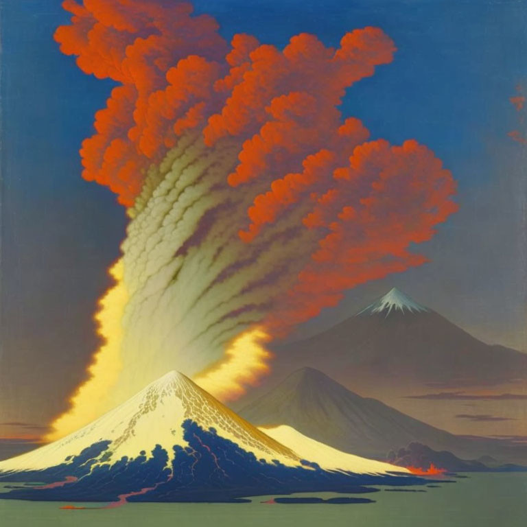 Vibrant volcano eruption painting with red and orange clouds in blue sky