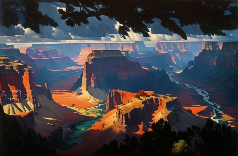 Scenic canyon painting with rock formations, river, and light interplay