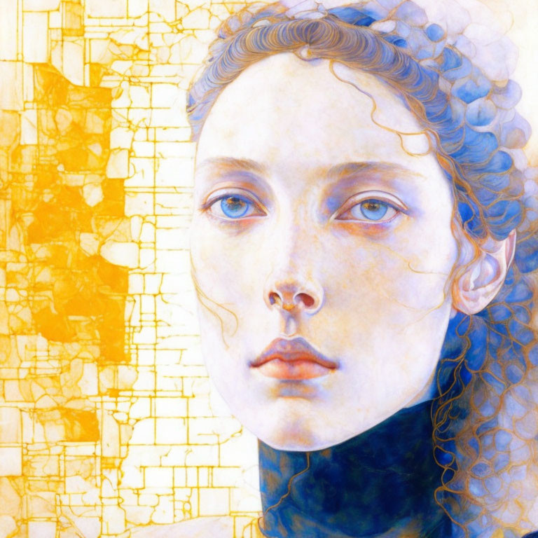 Portrait of Woman with Blue Eyes and Auburn Hair on Yellow Background